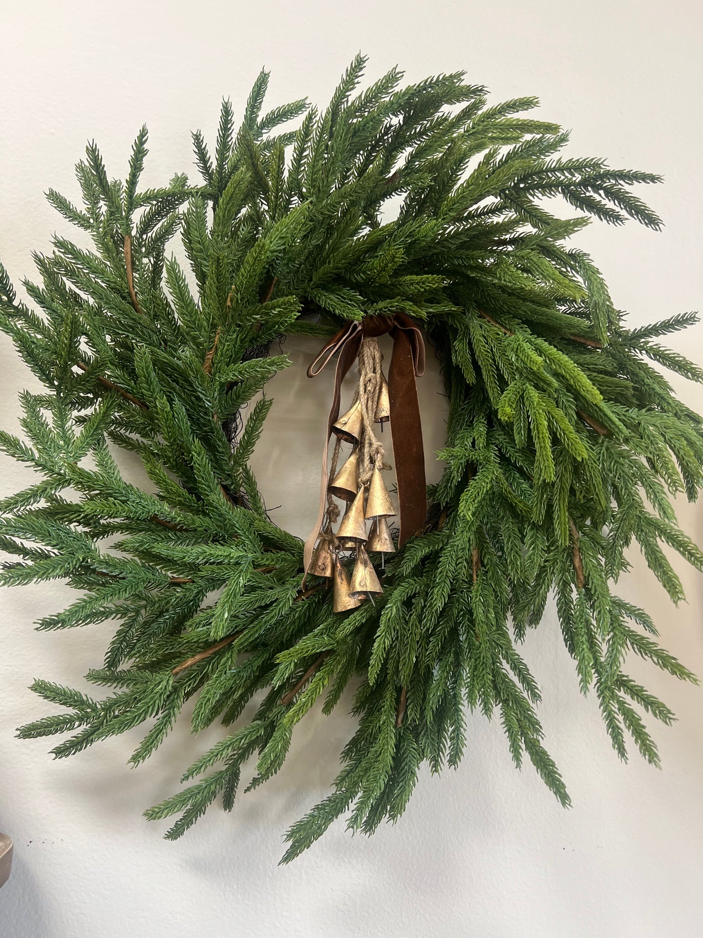 CUSTOM 24" Norfolk Pine Real Touch Faux Christmas Wreath w/Ribbon & Bells