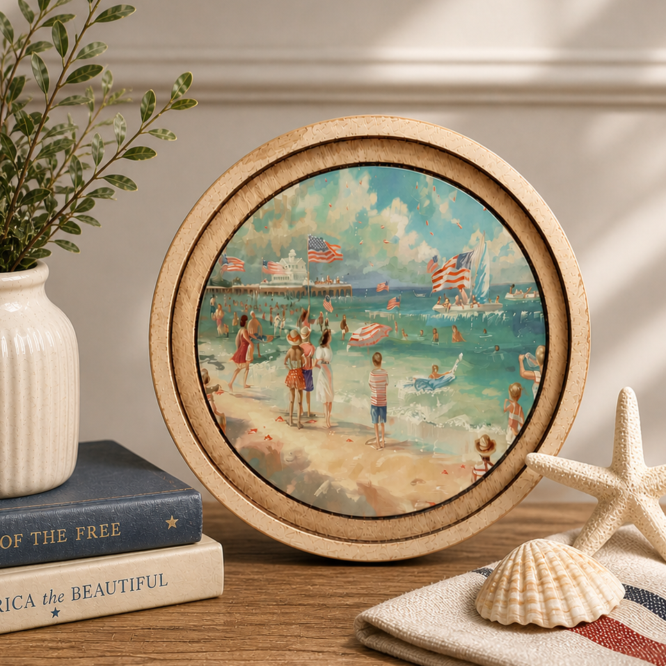8" Round Patriotic Beach Scene Art