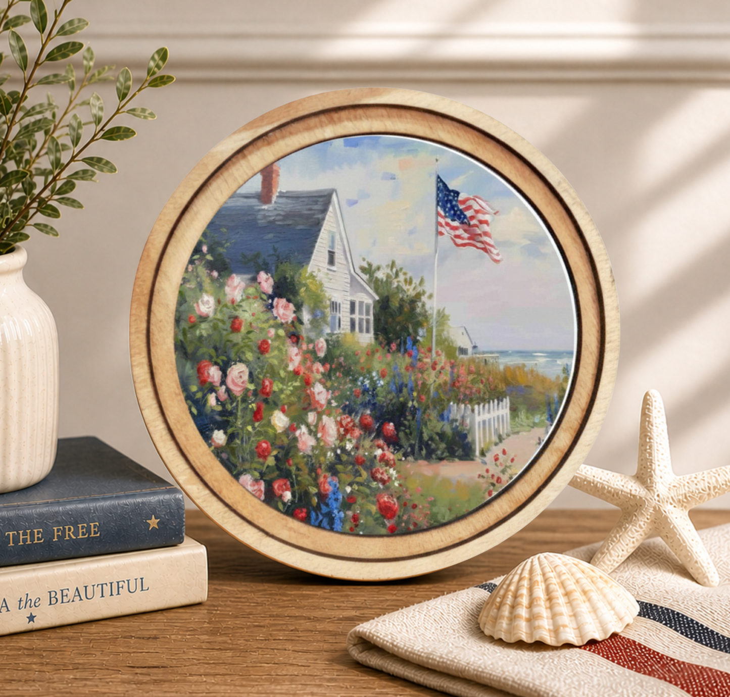 8" Round Patriotic Beach House Art