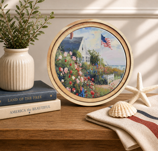 8" Round Patriotic Beach House Art