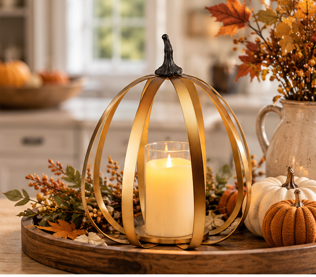Gold Metal Pumpkin with Timer Candle