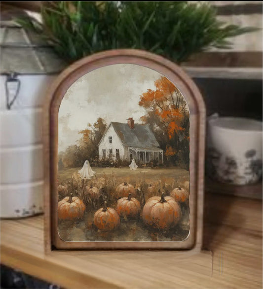 **PREORDER** Arch Top Halloween Pumpkin Farmhouse Framed Art