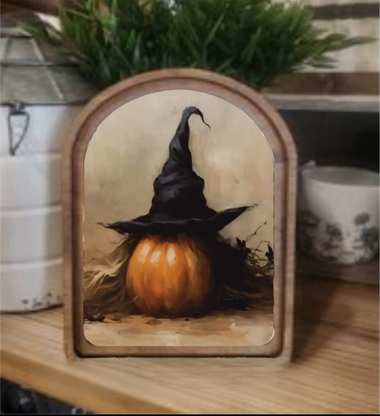 **PREORDER** Arch Top Halloween Pumpkin Witch Hat Framed Art