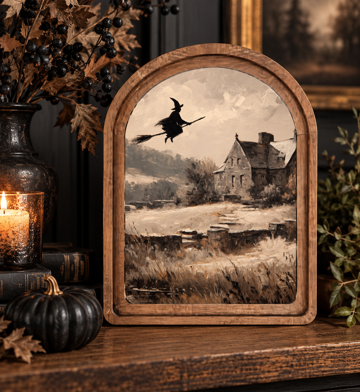 Arch Top Flying Witch Canvas Wall Art With Wooden Frame by Redeemed Decor