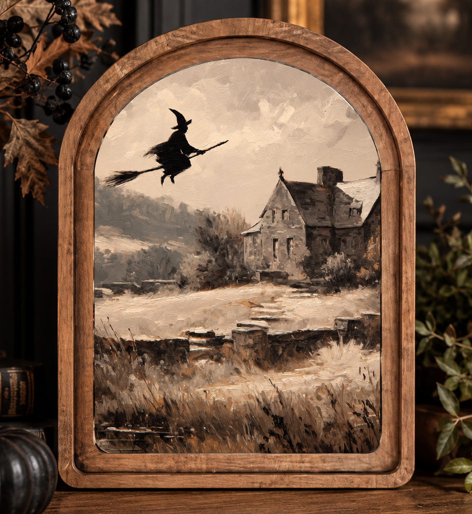 Flying Witch Cottage Framed Art by Redeemed Decor