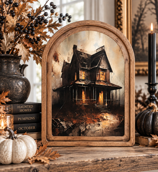 Arch Top Halloween Haunted House Canvas Framed Wall Art by Redeemed Decor
