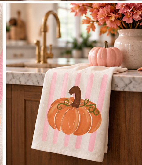 Pink Striped Pumpkin Tea Towel