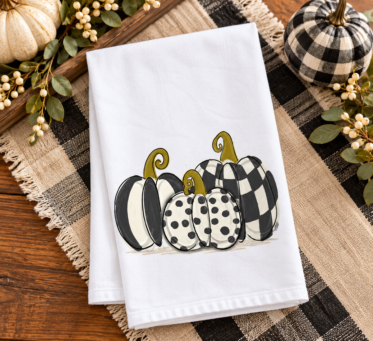Black & White 3 trio Pumpkins Tea Towel