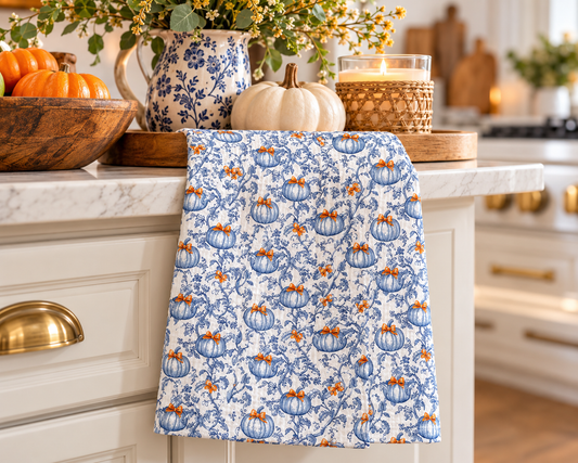 Blue Orange Pumpkin Chinoiserie Fall Coastal Kitchen Towel