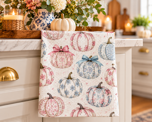 Blue Pink Pumpkin Chinoiserie Fall Coastal Kitchen Towel