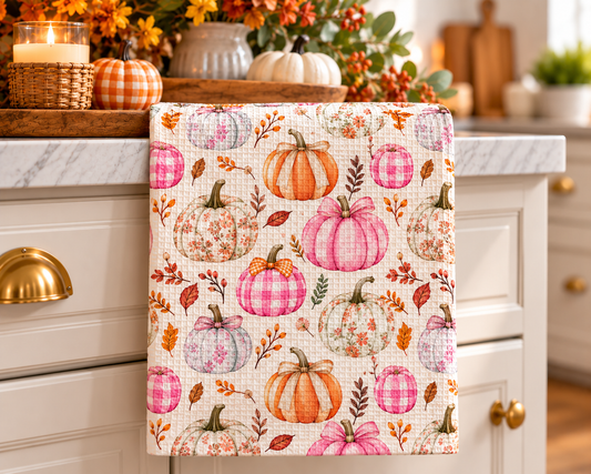 Pink Pumpkin Chinoiserie Fall Coastal Kitchen Towel Waffle