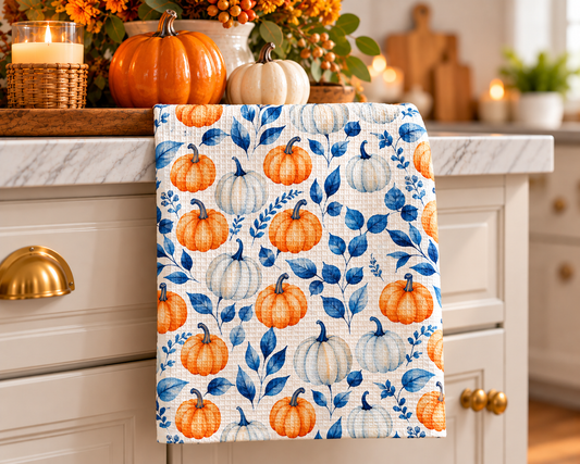Blue Pumpkin Chinoiserie Fall Coastal Kitchen Towel Waffle