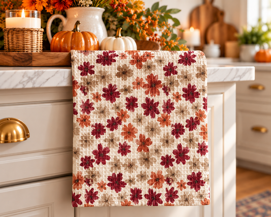 Rust Red Ditsy Wildflower Kitchen Towel Waffle