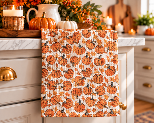 Sketched Orange Pumpkin Patch Fall Kitchen Towel Waffle