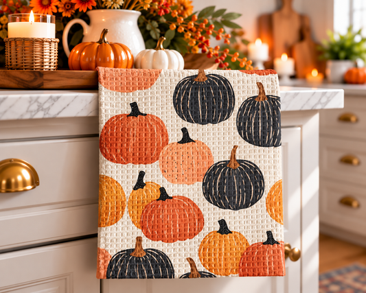 Pumpkin Fall Botanical Floral Autumn Kitchen Towel Waffle