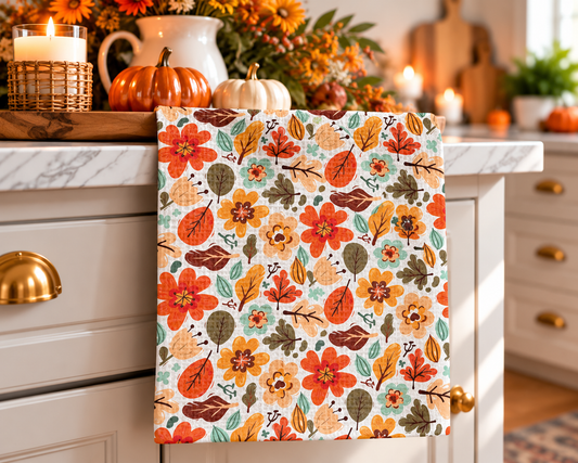 Fall Floral Waffle Weave Kitchen Towel | Autumn Flower
