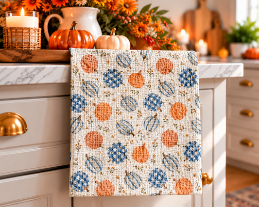 Plaid Pumpkin Chinoiserie Fall Coastal Kitchen Towel Waffle
