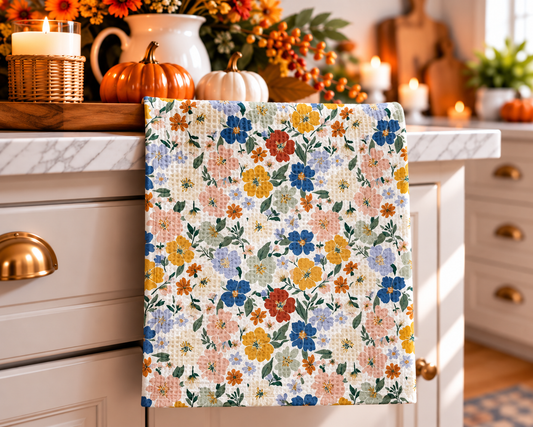 Autumn Boho Fall Floral Waffle Weave Kitchen Towel Daisy