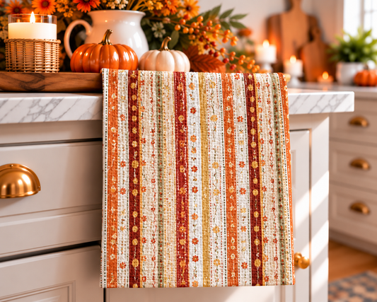 Fall Floral Stripe Blue Pumpkin Coastal Kitchen Towel Waffle