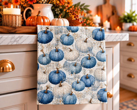 Blue Pumpkin Chinoiserie Fall Coastal Kitchen Towel Waffle