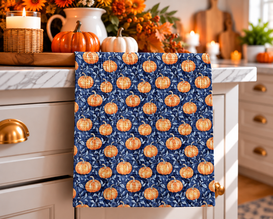 Blue Pumpkin Chinoiserie Fall Coastal Kitchen Towel Waffle