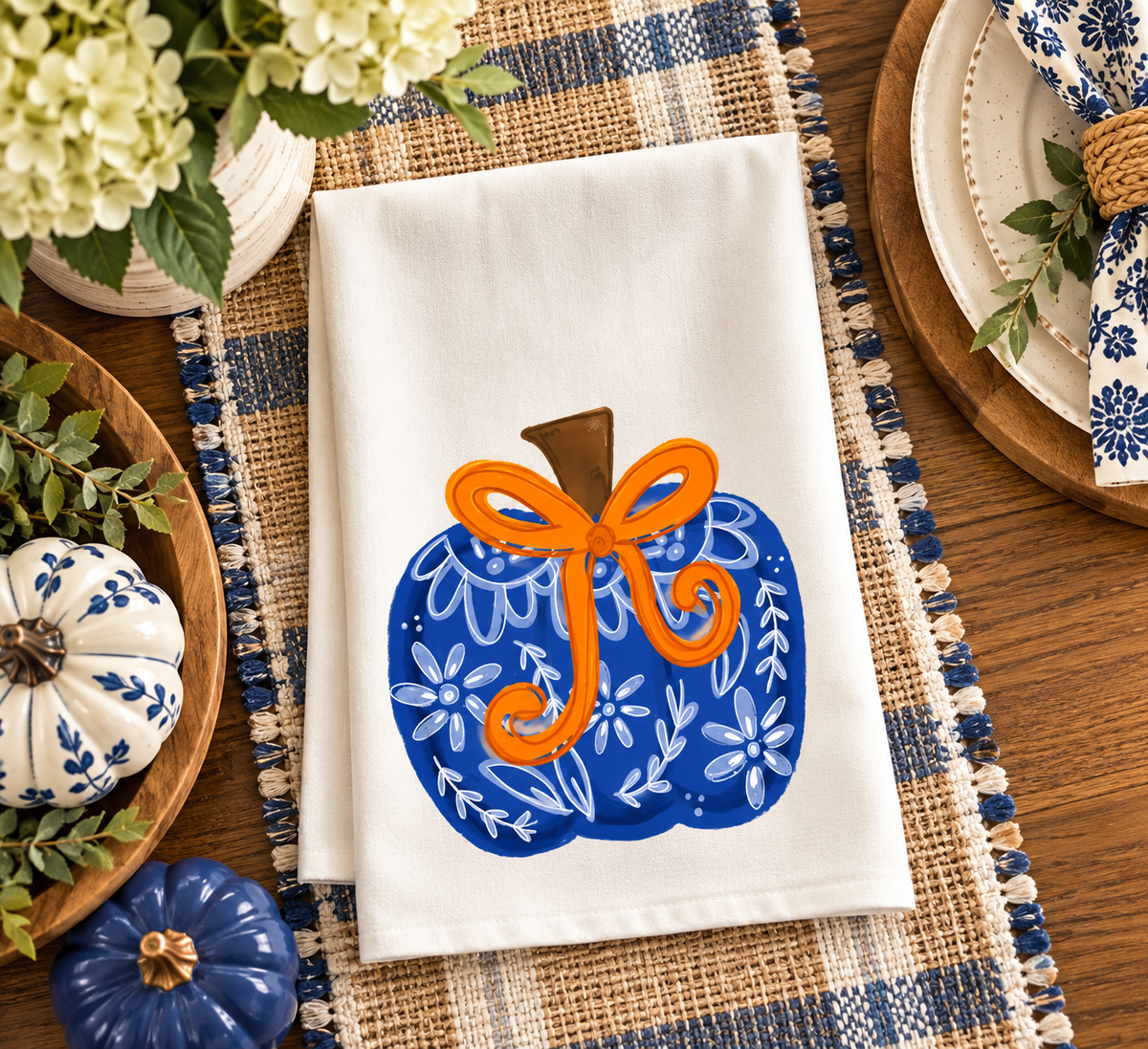 Blue Chinoiserie Bow Pumpkin Tea Towel