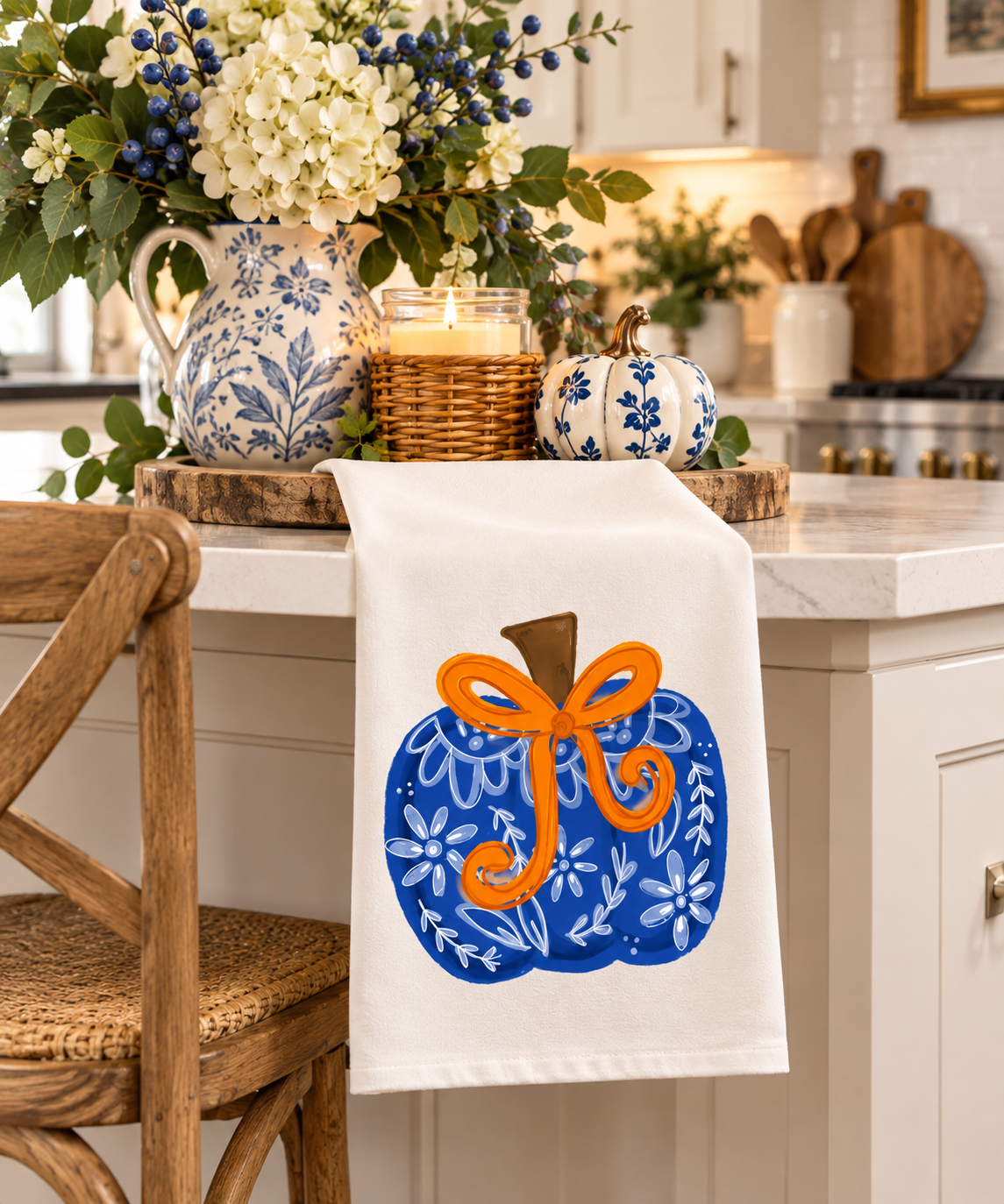 Blue Chinoiserie Bow Pumpkin Tea Towel