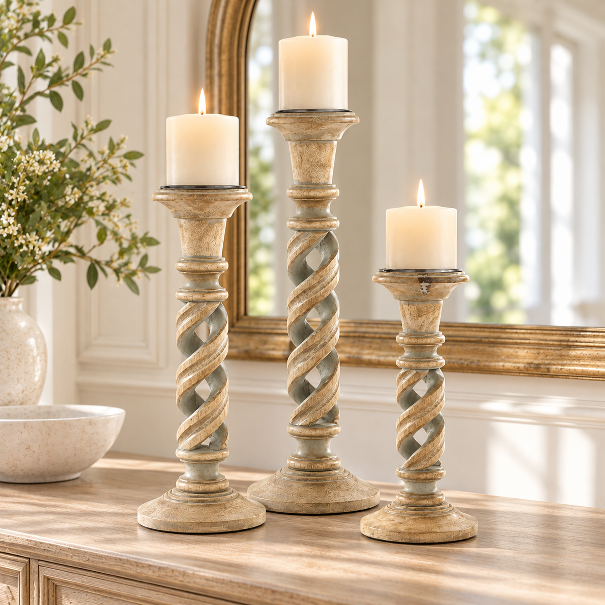 Gray Washed Wood Spiral Candleholders (Set of 3)