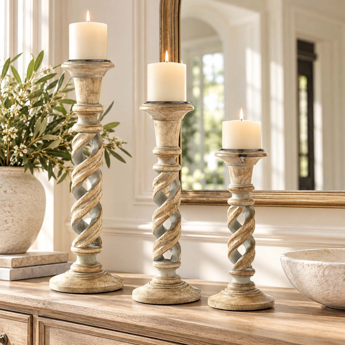 Gray Washed Wood Spiral Candleholders (Set of 3)