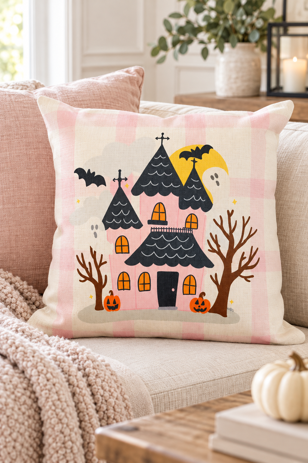 Pink Haunted House with Ghosts Square Pillow