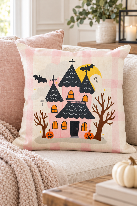 Pink Haunted House with Ghosts Square Pillow