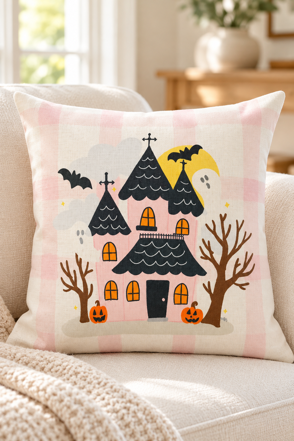 Pink Haunted House with Ghosts Square Pillow