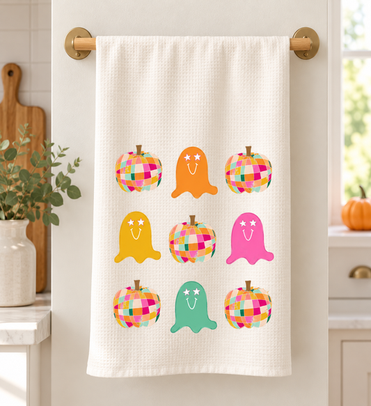 Disco Ghost and Pumpkin Tea Towel
