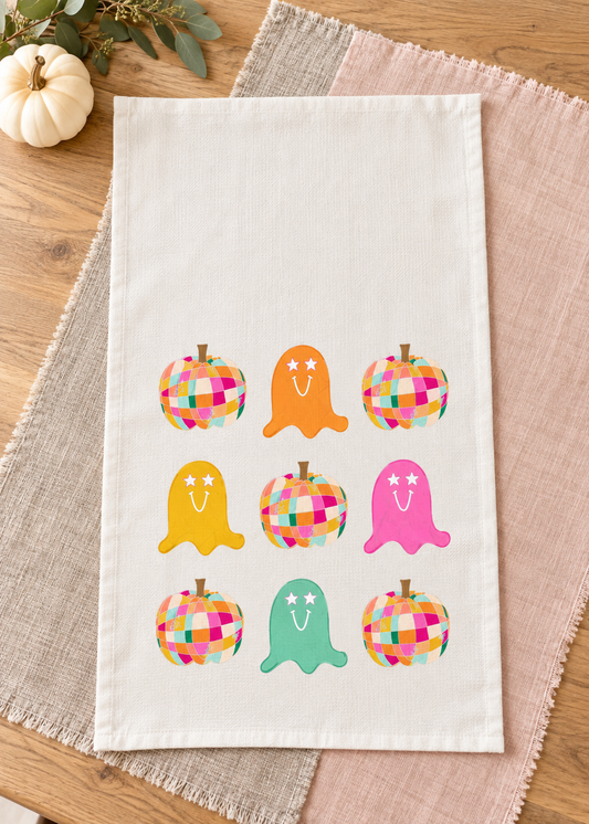 Disco Ghost and Pumpkin Tea Towel