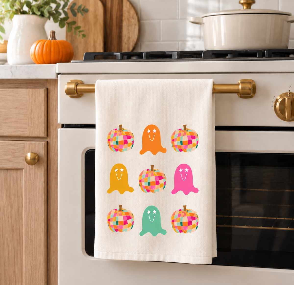 Disco Ghost and Pumpkin Tea Towel