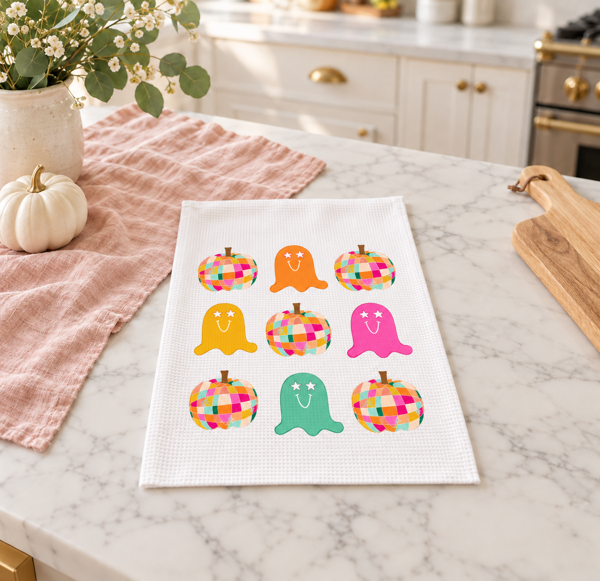 Disco Ghost and Pumpkin Tea Towel