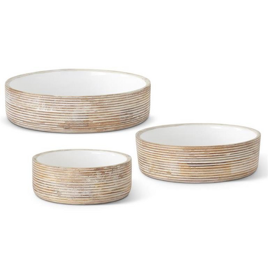 Ribbed Whitewashed Mango Wood Bowls w/White Enamel Centers