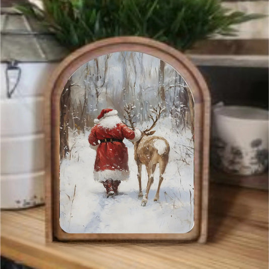 Arch Top Santa With Reindeer Framed Art