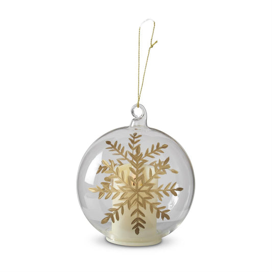 LED Clear Glass Gold Gilded Etched Snowflake Ornament w/Timer