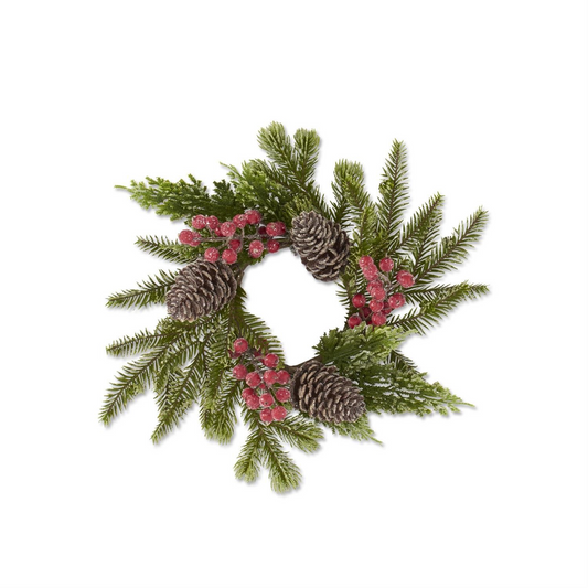 13" Glittered Icy Mixed Pine Candle Ring w/Red Berries & Pinecones