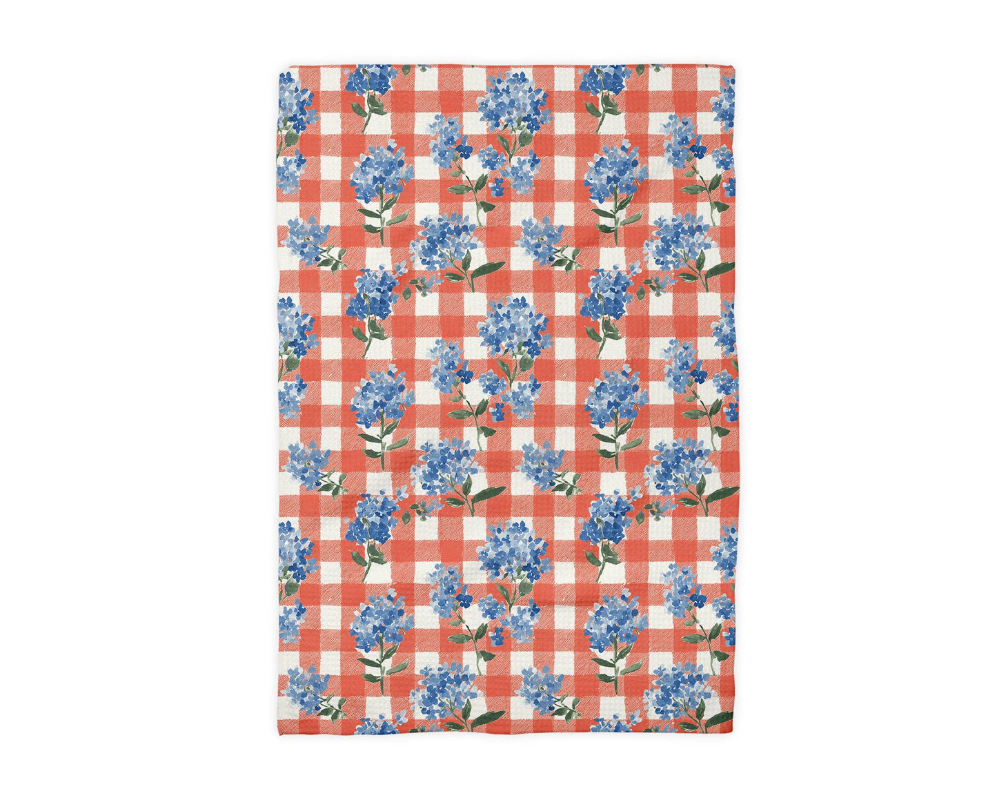 Blue Hydrangeas & Red Plaid Kitchen Towel Waffle