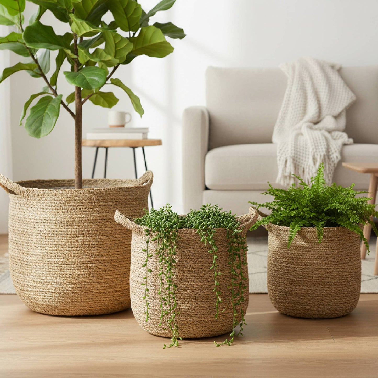 Round Seagrass Planter with Handle (Natural)