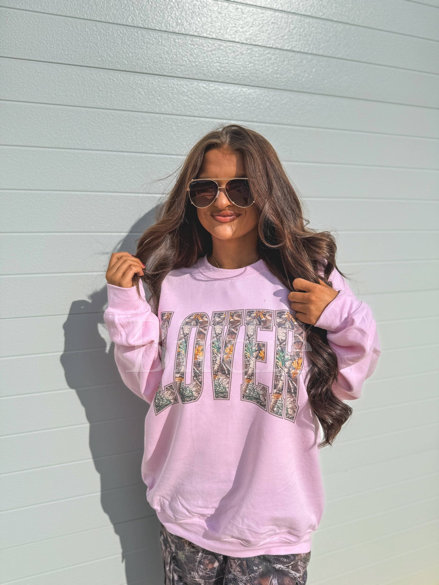 "Lover" Lt Pink Camo Graphic Crewneck