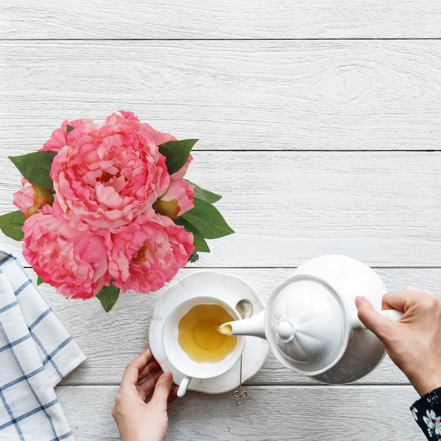 Pink Peony Arrangement W/ 7 Fronds In Glass Vase Faux Flower