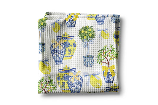 Lemon Chinoiserie Citrus Summer Fruit Kitchen Towel Waffle
