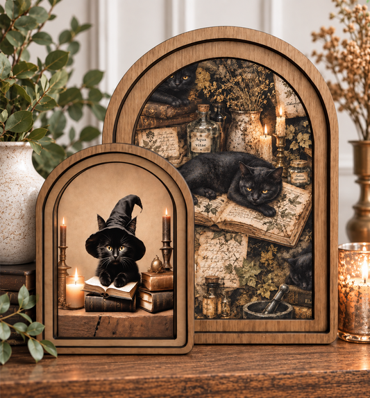 Arch Top Framed Halloween Cat Canvas Wall Art Layered Set by Redeemed Decor