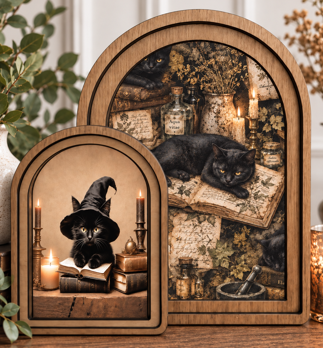 Arch Top Framed Halloween Cat Canvas Wall Art Layered Set by Redeemed Decor