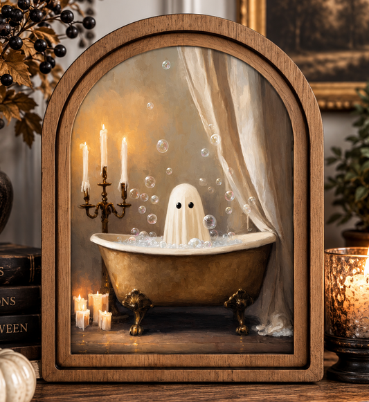 Arch Top Ghost In Tub Canvas Wall Art With Wood Frame by Redeemed Decor