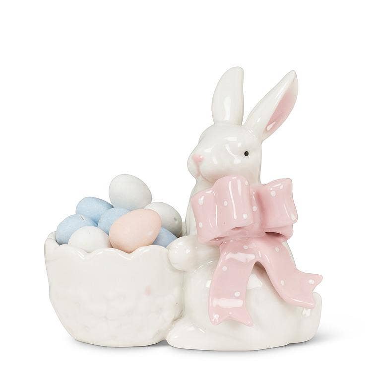 Bunny with Pink Bow Holding Egg-4"H