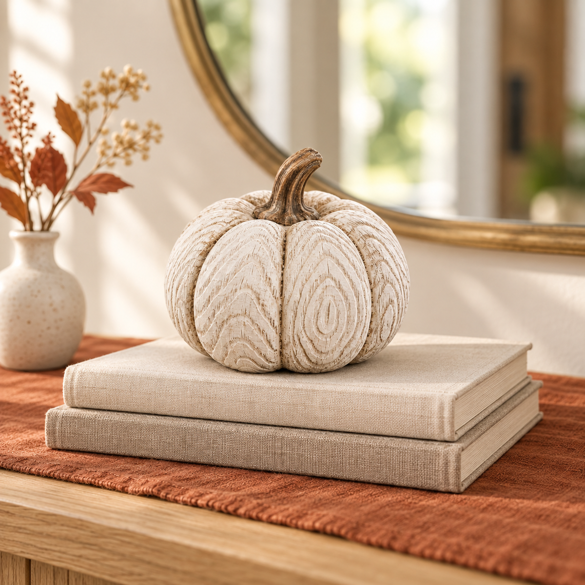 Betty Boop whitewashed pumpkin on neutral books and a rust table runner